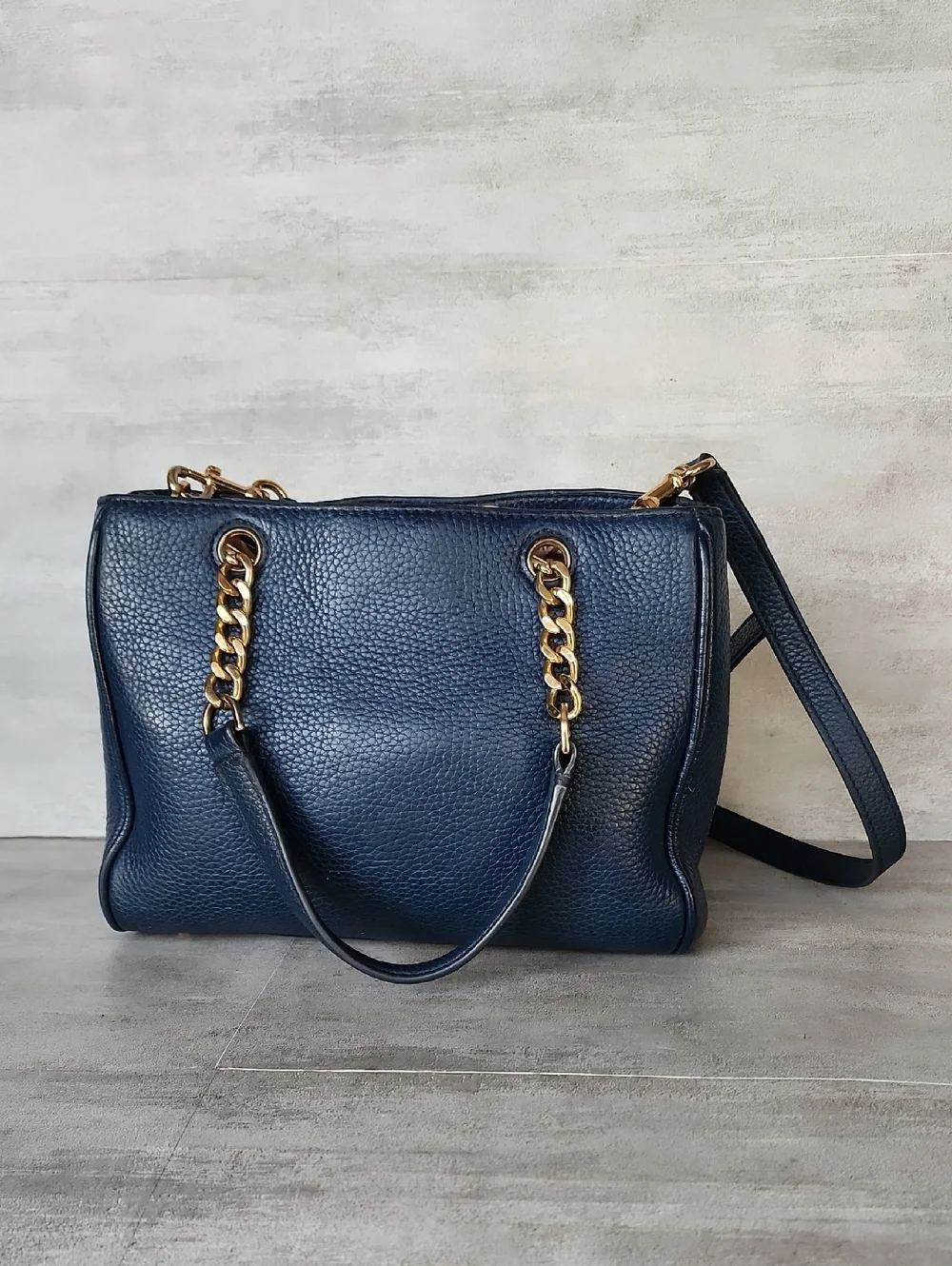 Tory Burch Small Carter Navy Pebbled Leather Crossbody Tote